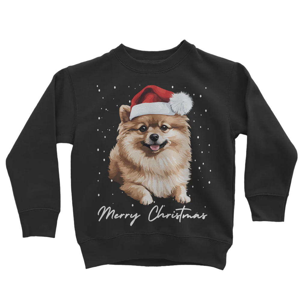 Kids black sweatshirt with a graphic of a Pomeranian dog wearing a Santa hat and the text 'Merry Christmas'.