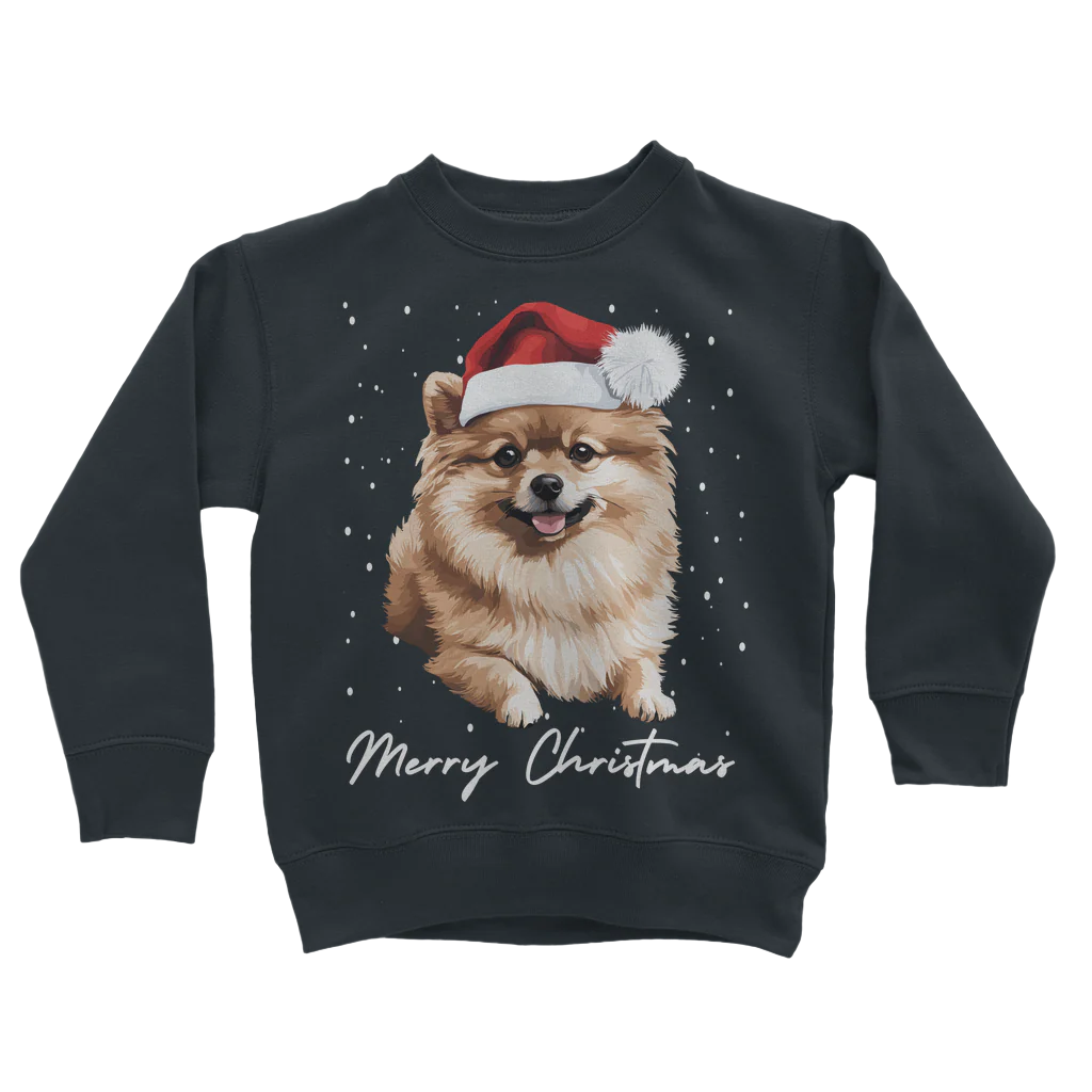 Kids navy sweatshirt with a graphic of a Pomeranian dog wearing a Santa hat and the text 'Merry Christmas'.