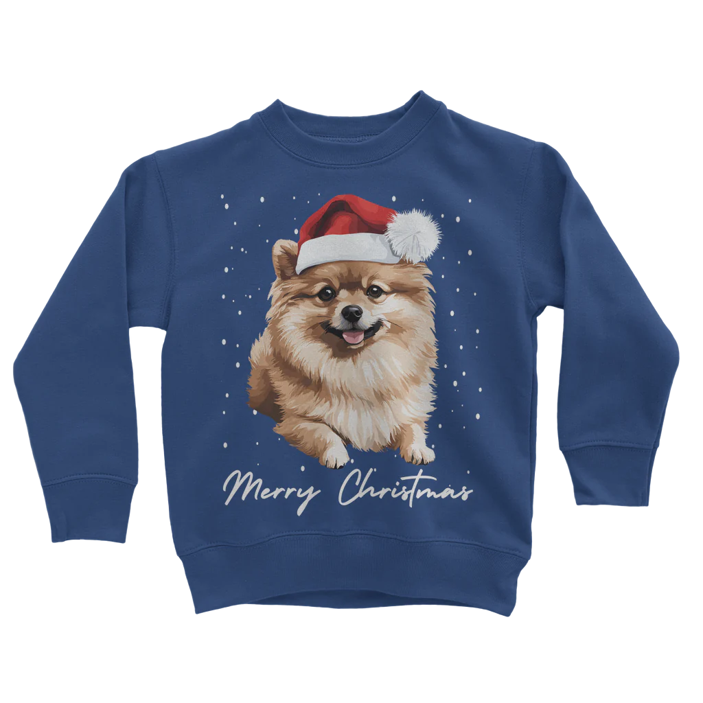 Kids royal blue sweatshirt with a graphic of a Pomeranian dog wearing a Santa hat and the text 'Merry Christmas'.