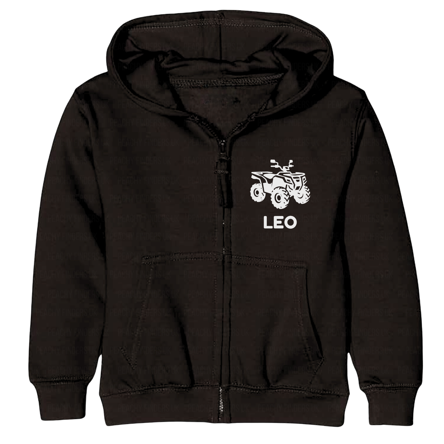 kids black hoodie with a white quad bike and custom name