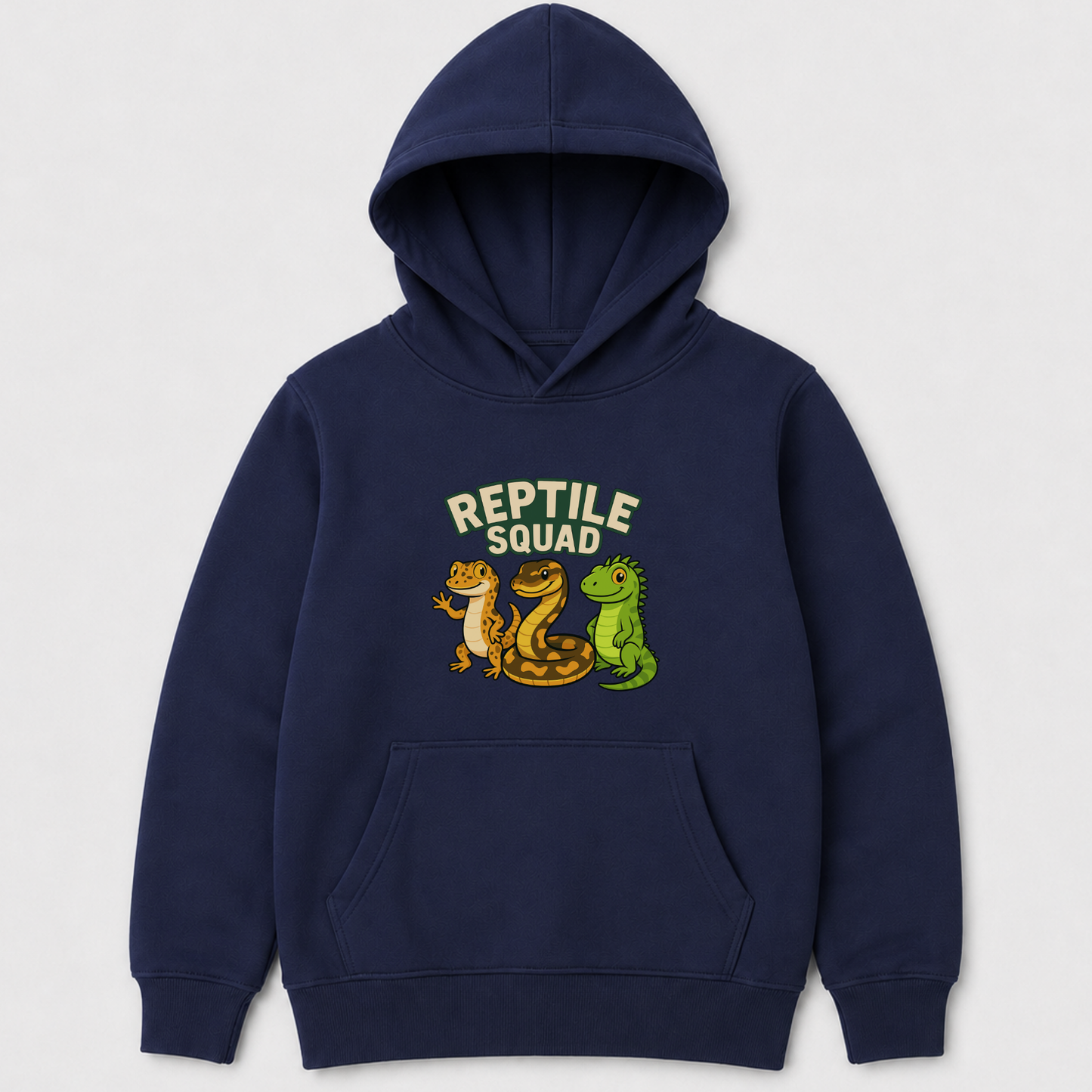 Navy kids Reptile Squad hoodie with colourful gecko, snake and green lizard chest design.