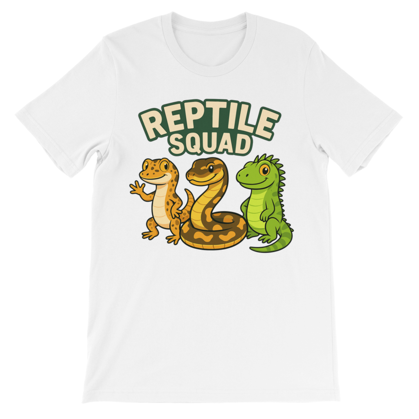 A kids white short-sleeve crewneck t-shirt featuring a cartoon graphic of three reptiles and the text 'REPTILE SQUAD' printed on the chest.