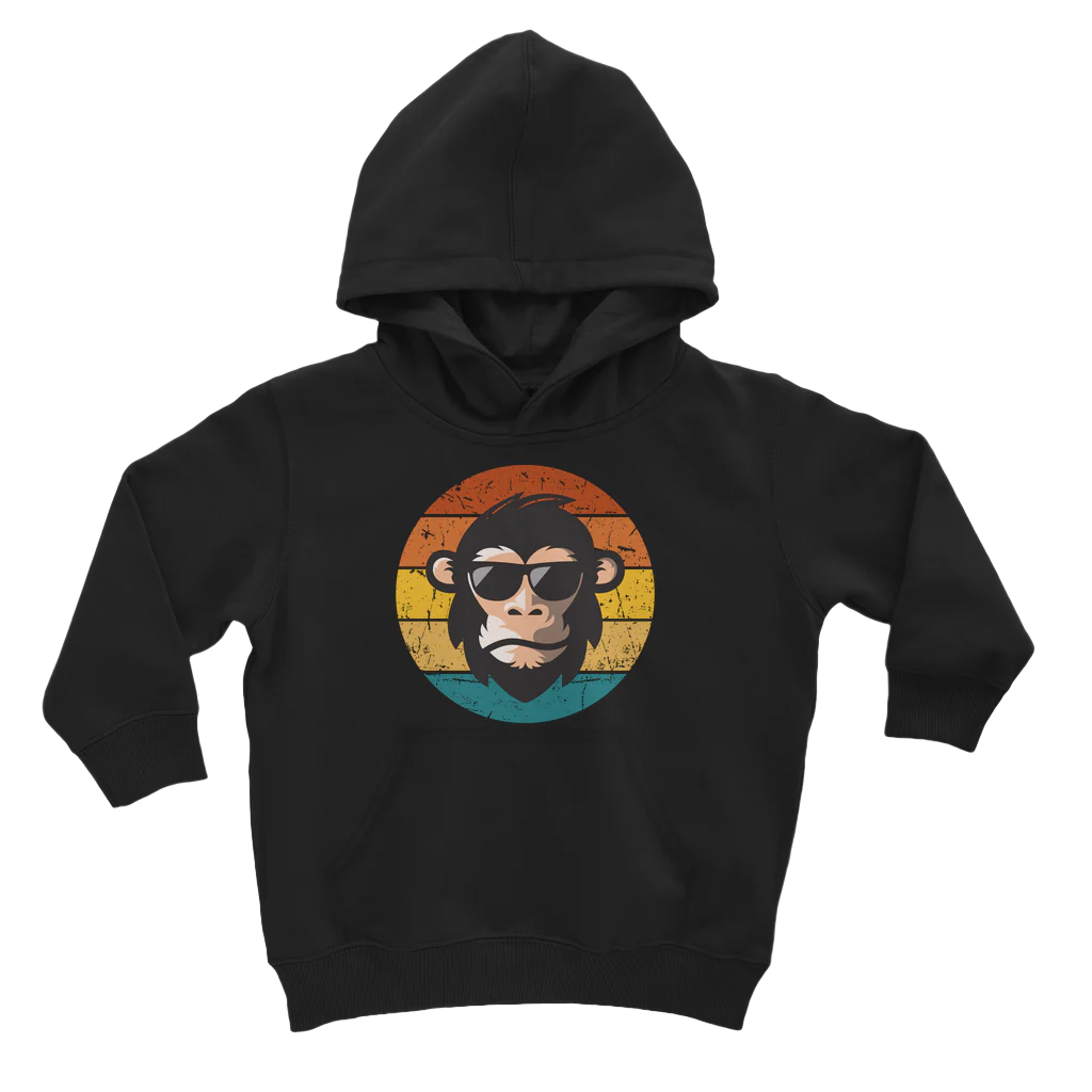 Kids hoodie in black with a graphic of a chimp wearing sunglasses against a multicoloured circular background.