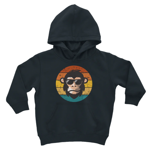 Kids hoodie in navy with a graphic of a chimp wearing sunglasses against a multicoloured circular background - flat lay.