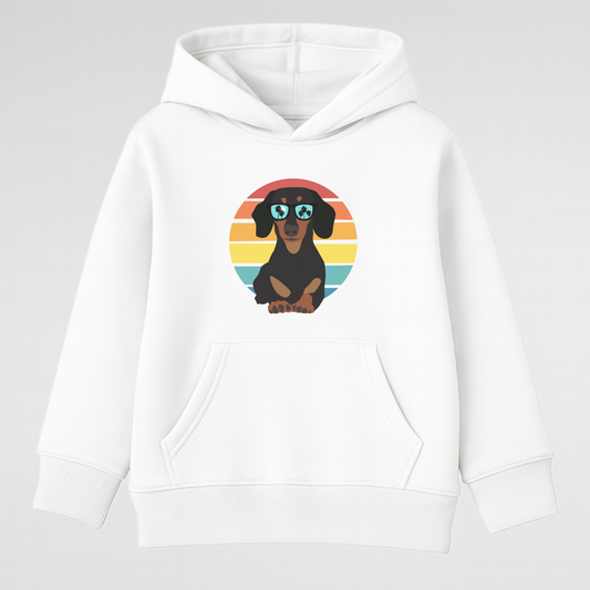 Kids white hoodie with retro dachshund sunglasses print