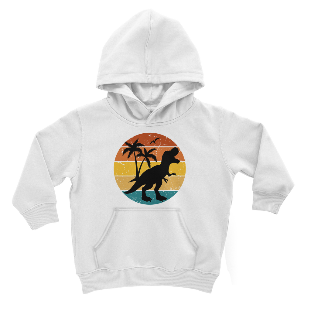 Kids white hoodie featuring a vintage sunset T-rex dinosaur silhouette with palm trees