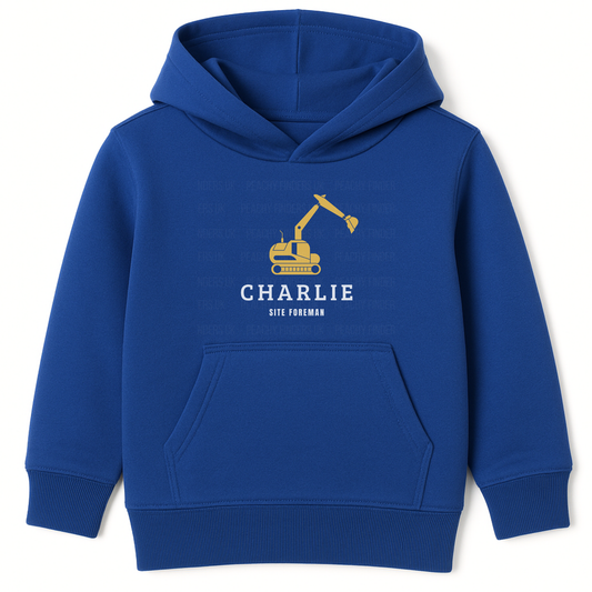 Royal blue kids hoodie featuring a yellow digger graphic with personalised name and “Site Foreman” text printed on the chest.