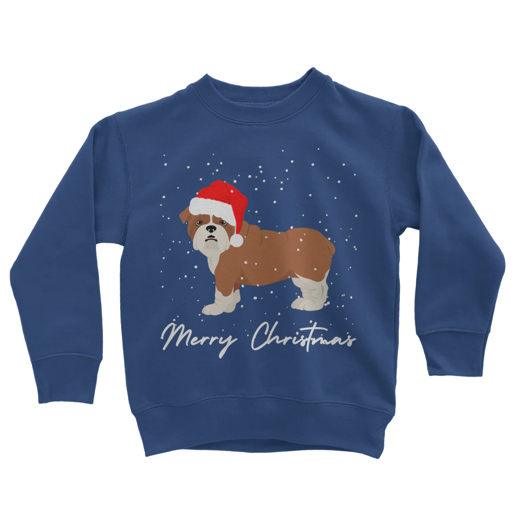 Kids royal blue Christmas sweatshirt with a cartoon English Bulldog wearing a Santa hat, snow falling, and “Merry Christmas” text underneath