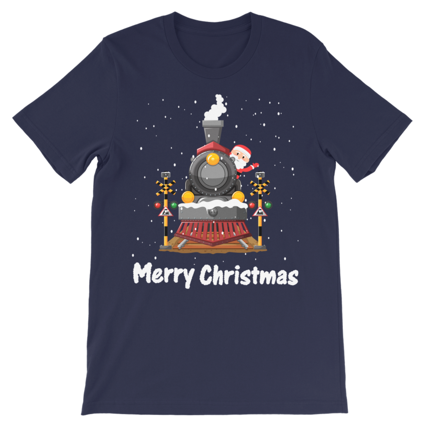 A kids navy blue short-sleeve crewneck t-shirt featuring a festive Christmas graphic of a cartoon steam train with Santa Claus and the text 'Merry Christmas' printed below.