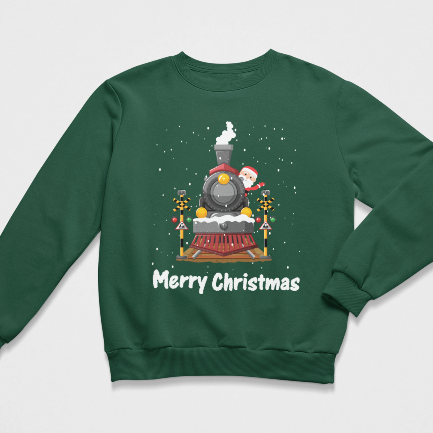 Dark green kids Christmas jumper featuring a festive steam train with Santa, snow and Merry Christmas text.