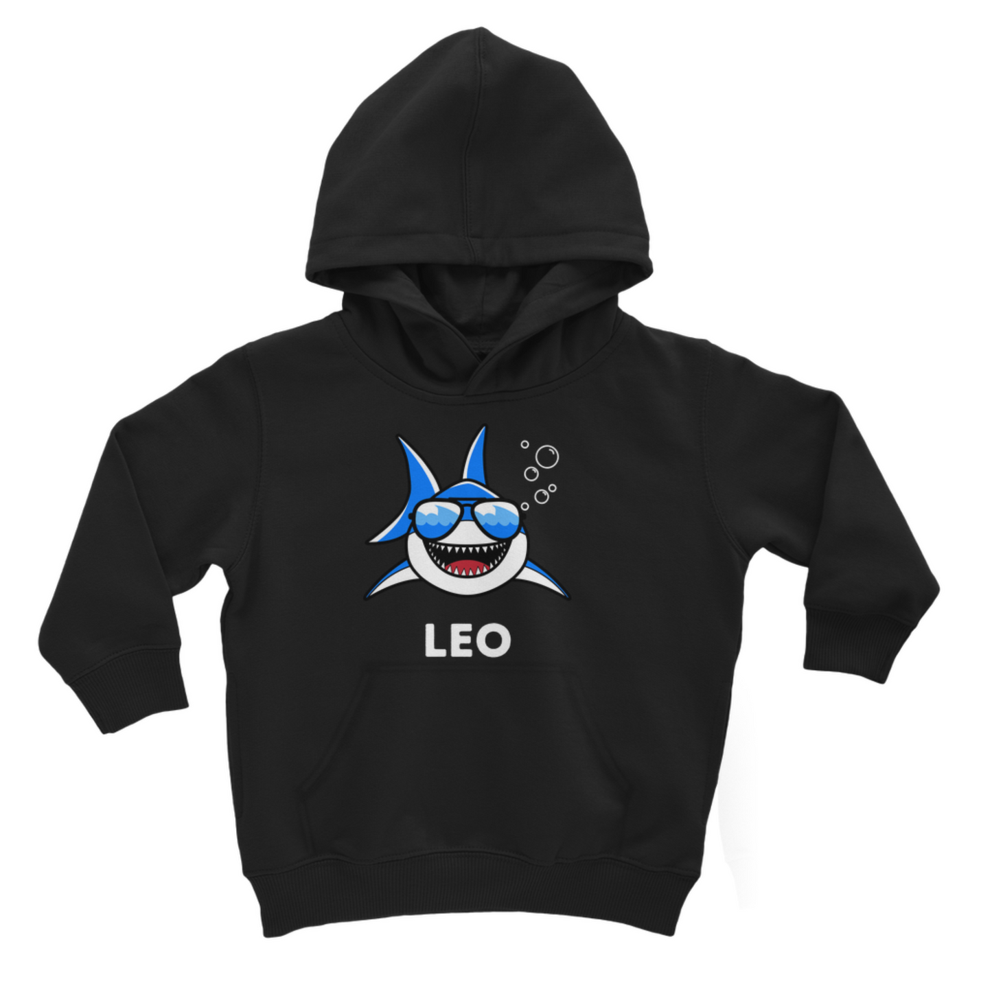 kids black pullover hoodie with cartoon shark and custom name