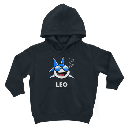 kids navy pullover hoodie with cartoon shark and custom name