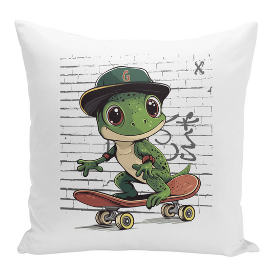 A white square cushion cover featuring a cartoon gecko wearing a hat and riding a skateboard.