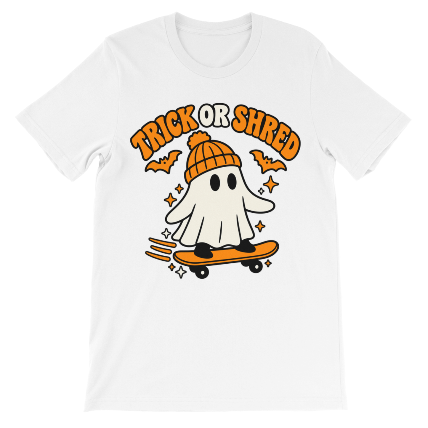 White kids Halloween T-shirt with orange Trick or Shred skateboarding ghost artwork