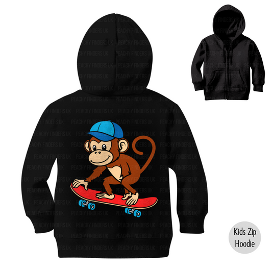 kids black zip hoodie with a cartoon monkey riding a red skateboard printed on the back.