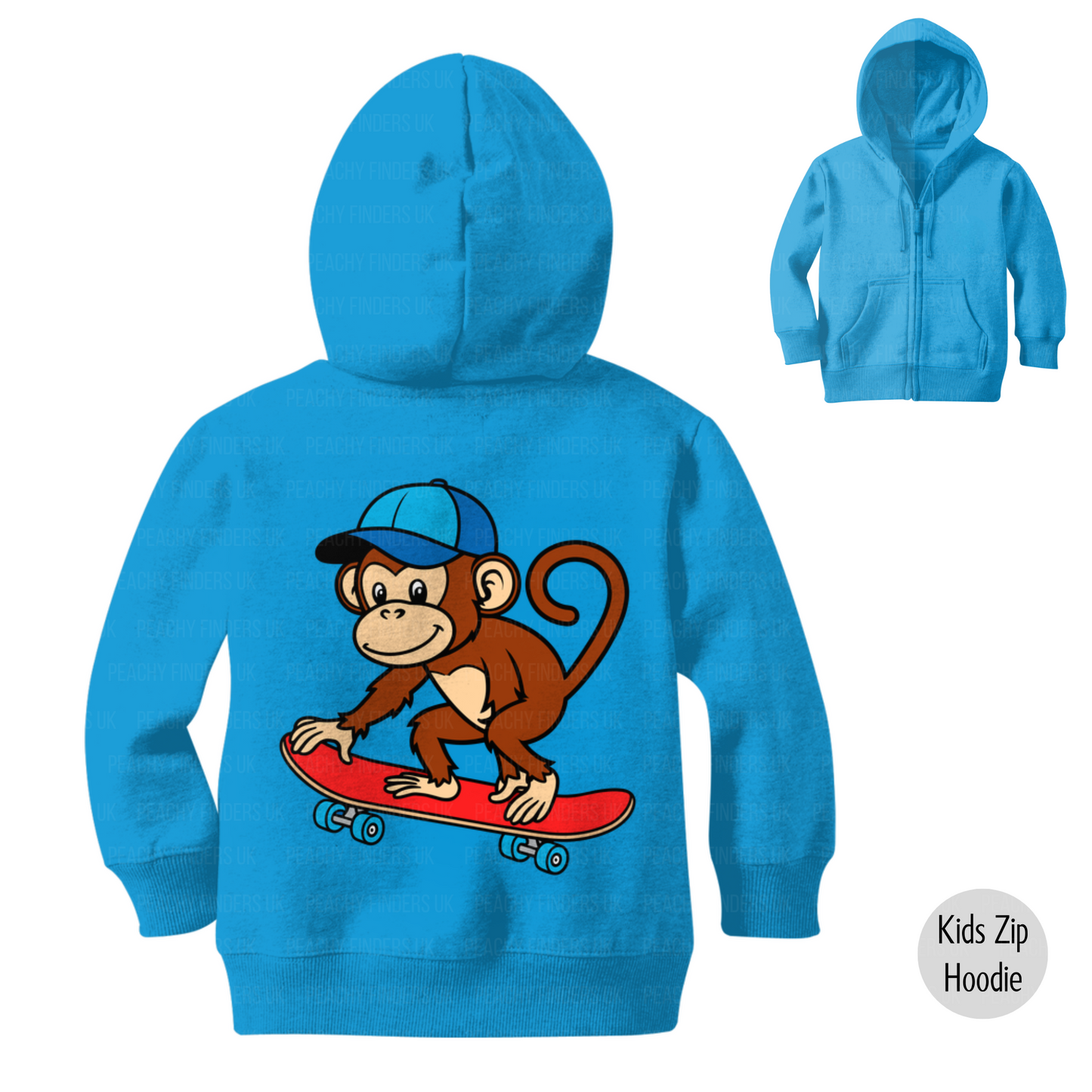kids sapphire blue zip hoodie with a cartoon monkey riding a red skateboard printed on the back.