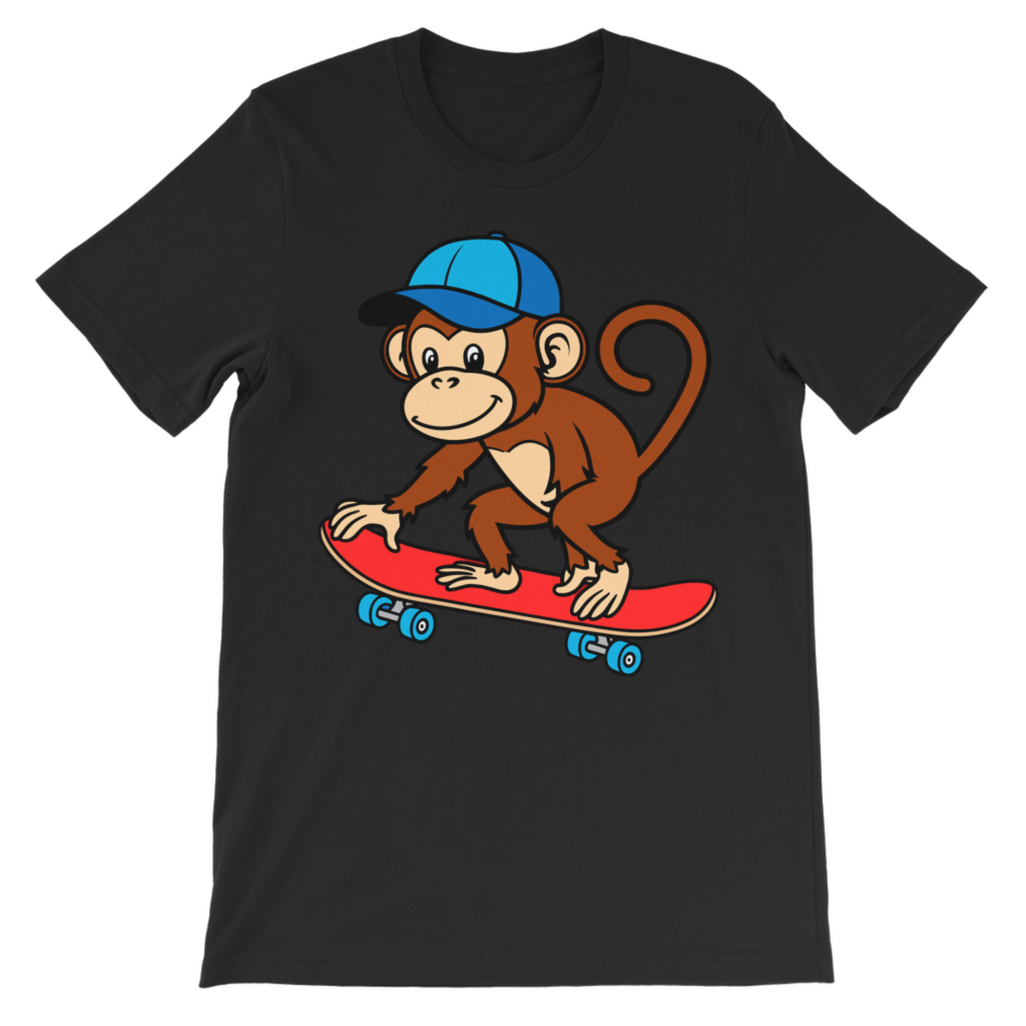 Black cotton t-shirt with cartoon monkey skateboarding graphic for kids