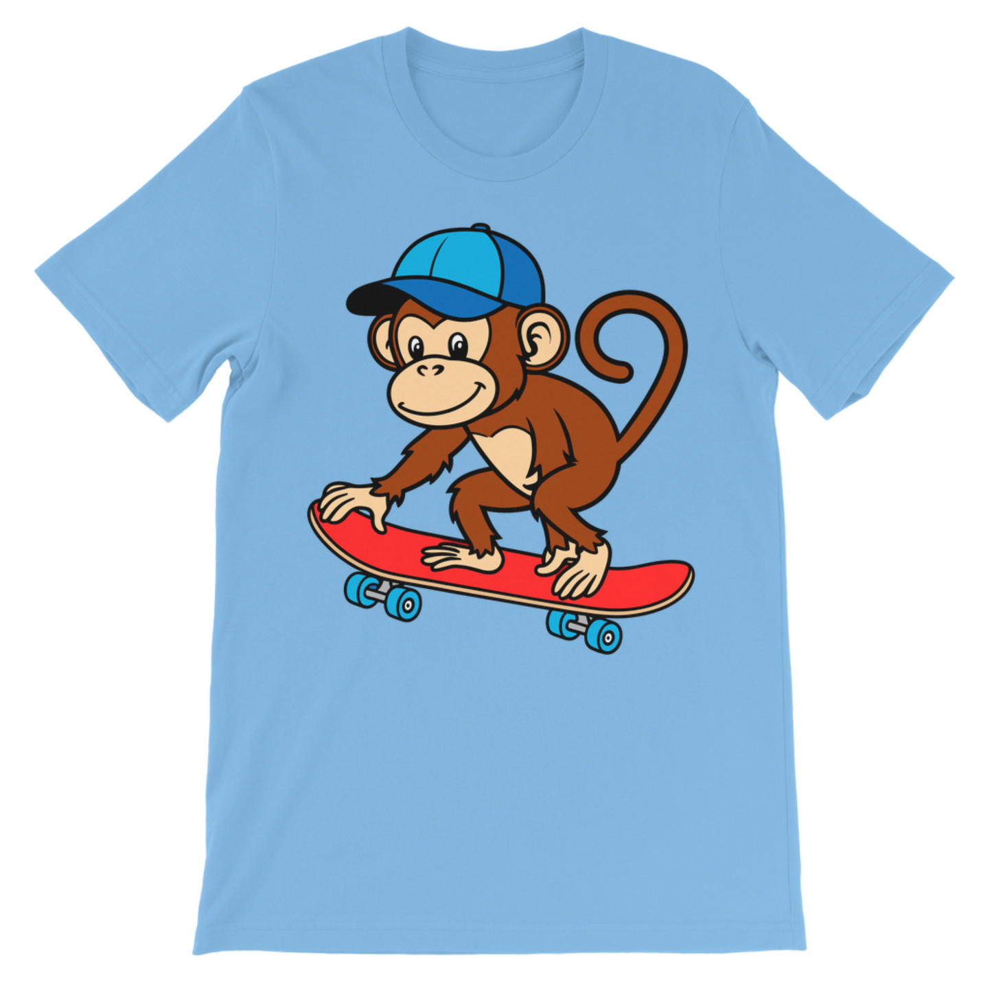 Light blue cotton t-shirt with cartoon monkey skateboarding graphic for kids