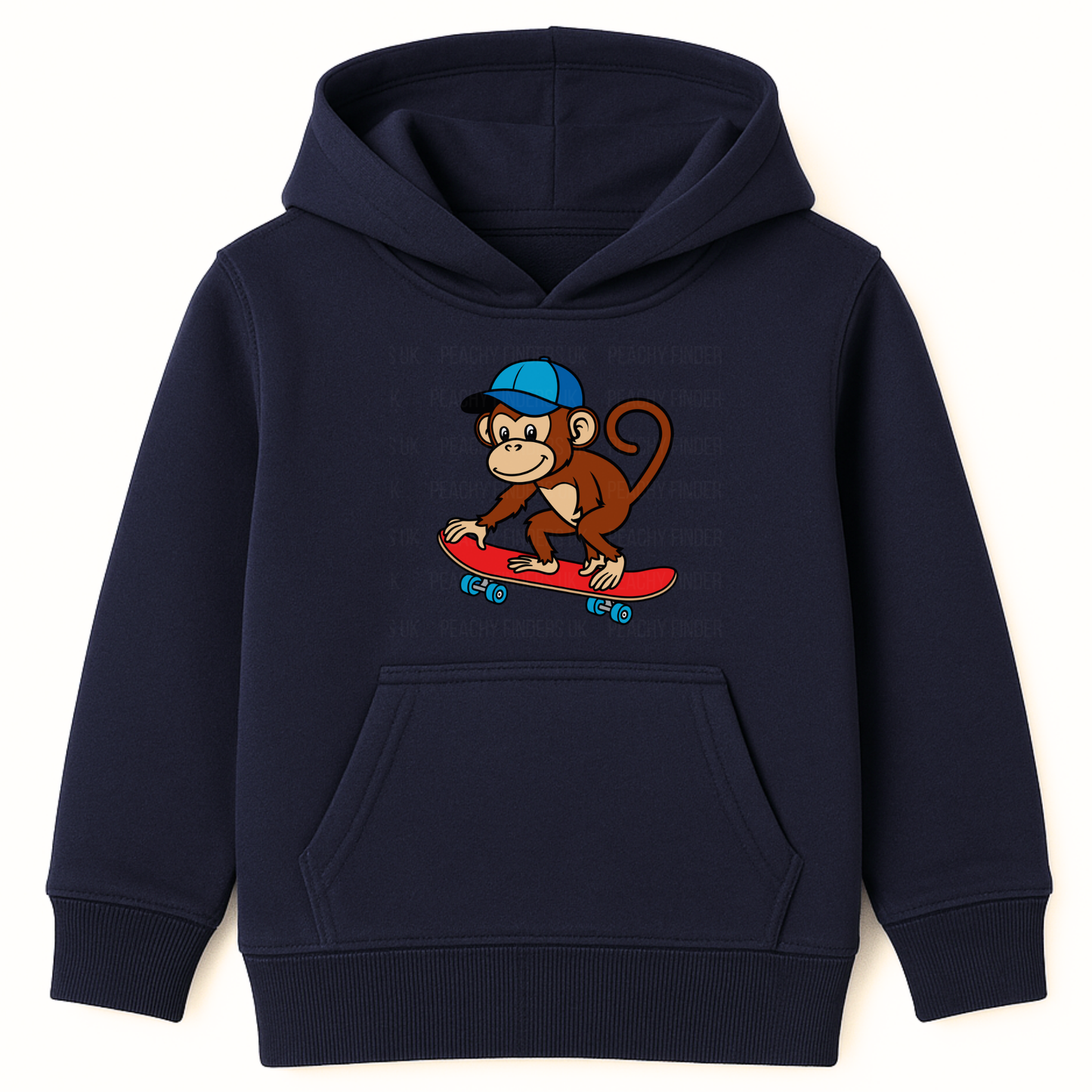 Kids navy blue hoodie with skateboarding monkey graphic, flat lay product photo showing front detail, smooth cotton face fabric, kangaroo pocket, premium children’s everyday hoodie
