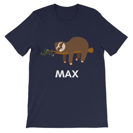 Navy kids T-shirt featuring a brown sloth sleeping on a branch with custom name “Max” printed underneath, displayed flat on a white background.