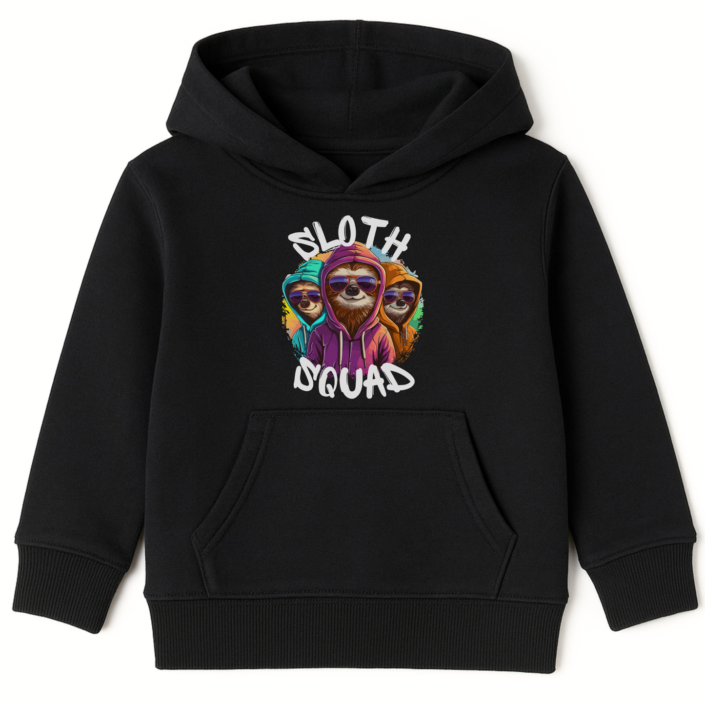 Kids black Sloth Squad hoodie with three cool sloths in colourful hoodies and sunglasses on the front.