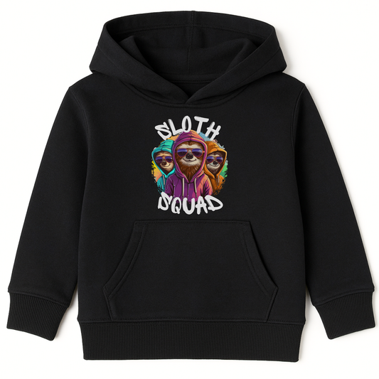 Kids black Sloth Squad hoodie with three cool sloths in colourful hoodies and sunglasses on the front.