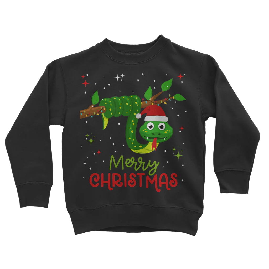 Kids black Christmas jumper with a green snake design and the text 'Merry Christmas' on the front.