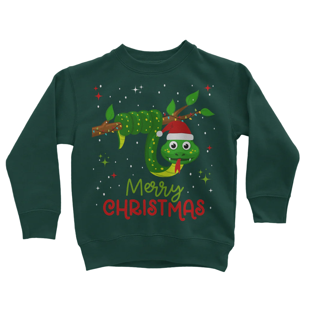 Kids dark green Christmas jumper with a green snake design and the text 'Merry Christmas' on the front.