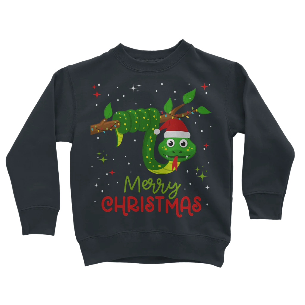 Kids navy Christmas jumper with a green snake design and the text 'Merry Christmas' on the front.