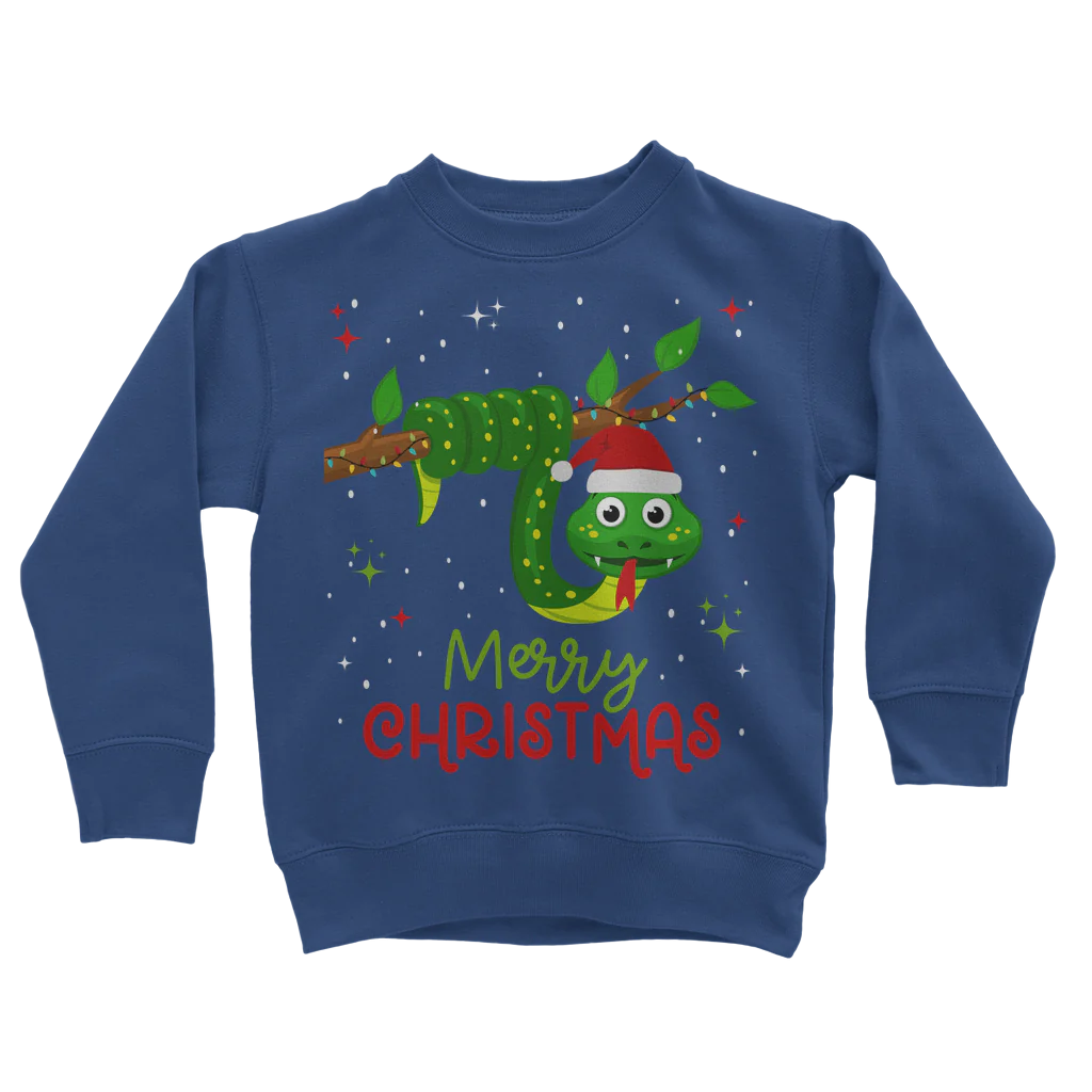 Kids Royal Blue Christmas jumper with a green snake design and the text 'Merry Christmas' on the front.