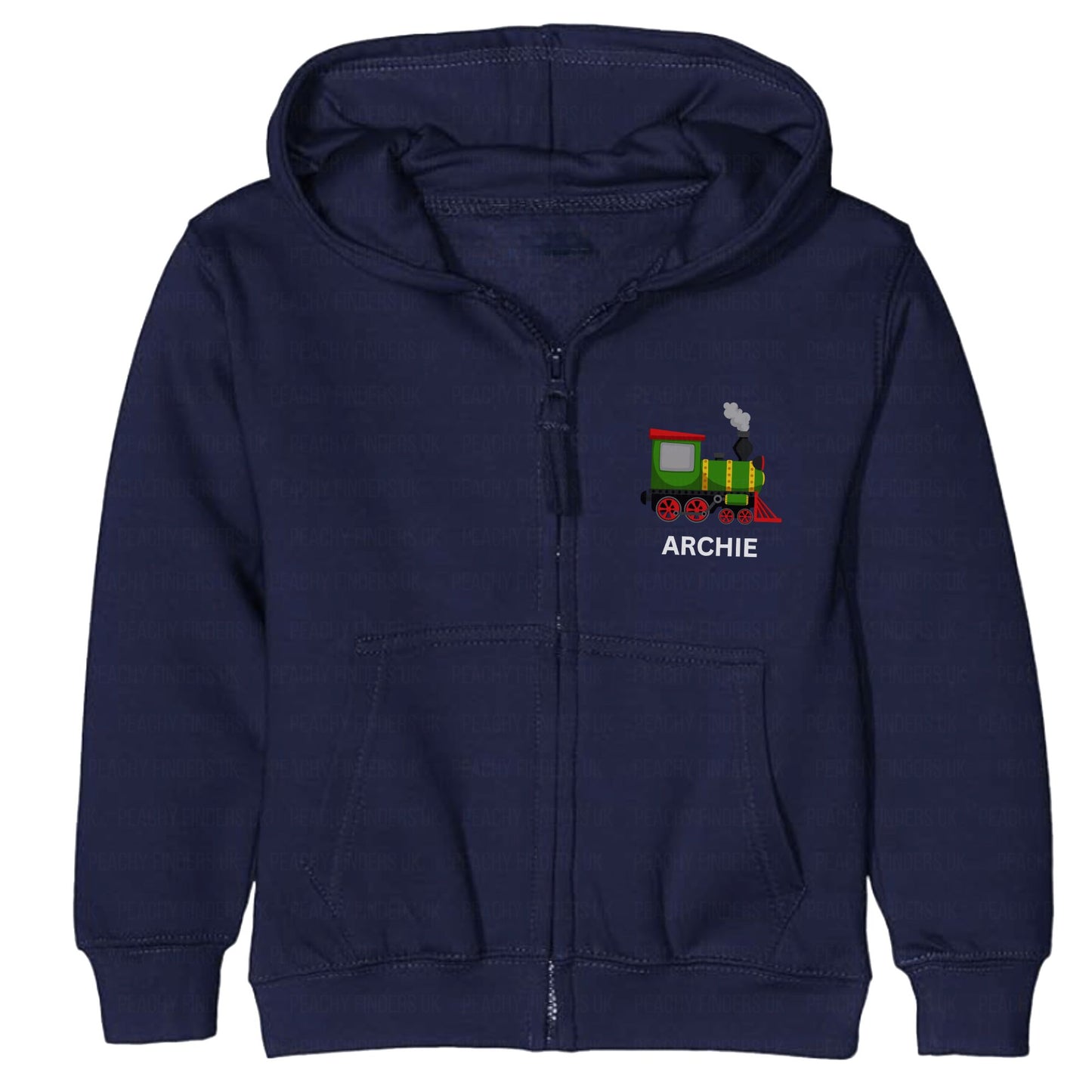 Kids navy zip-up hoodie with a colourful steam train design and the name "Archie" printed on the chest.