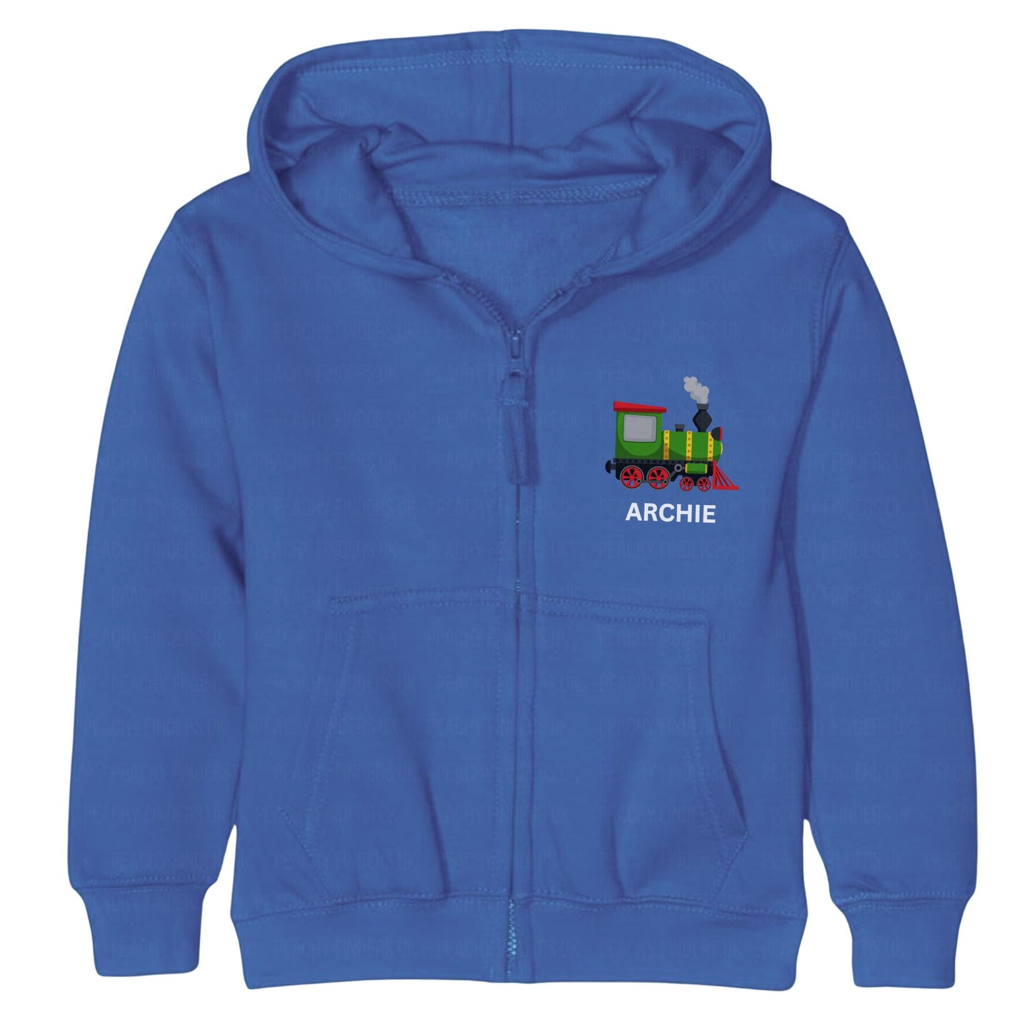 Kids royal blue zip-up hoodie with a colourful steam train design and the name "Archie" printed on the chest.