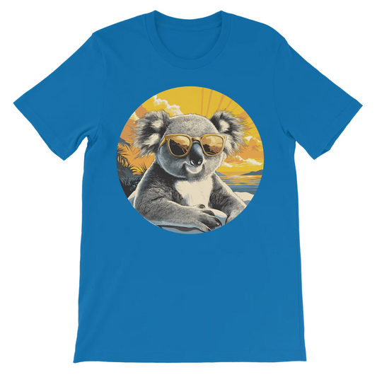 Kids royal blue t-shirt with cute koala in sunglasses and sunset summer design