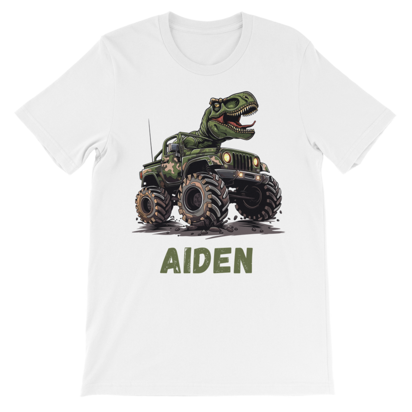 Boys white t-shirt featuring T-Rex driving a camo monster truck with name Aiden printed below.