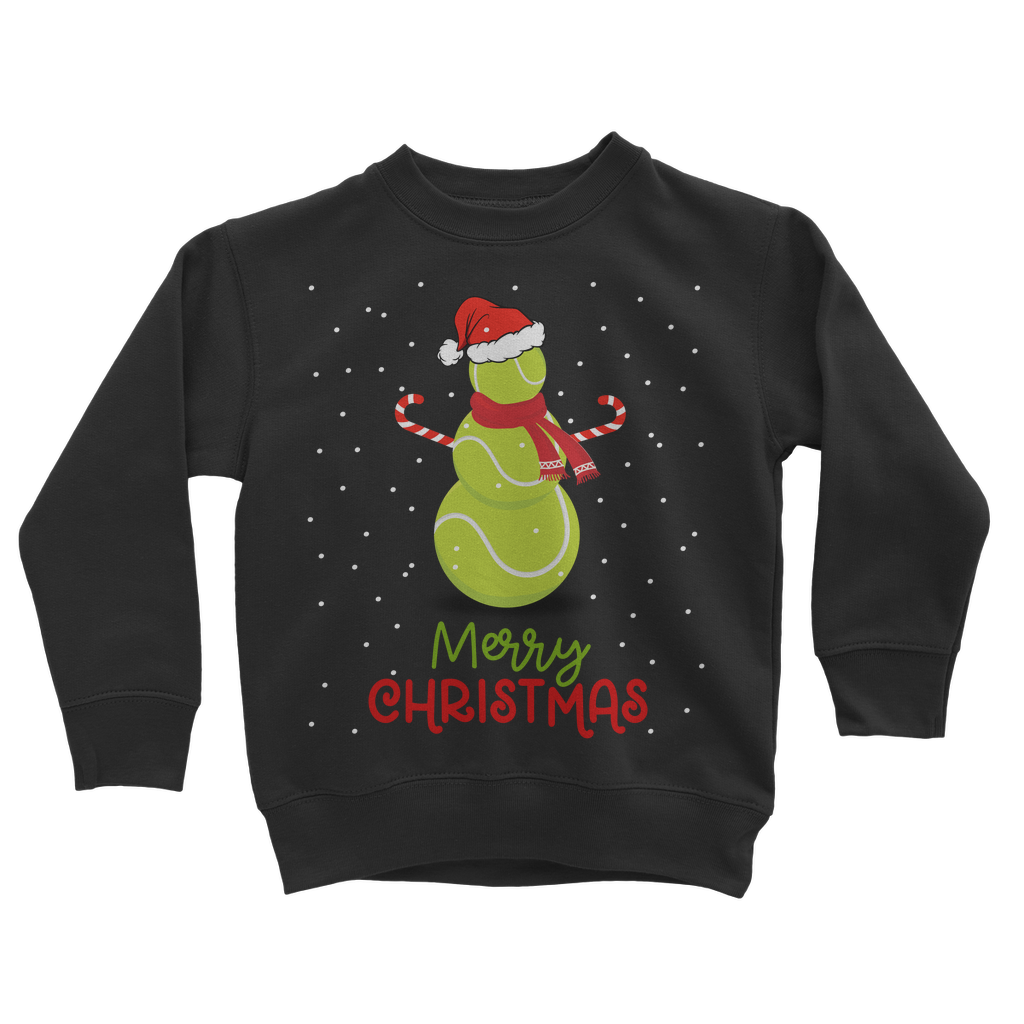 Kids black Christmas sweatshirt featuring a festive snowman made of tennis balls, wearing a Santa hat and red scarf, with falling snow and “Merry Christmas” text.