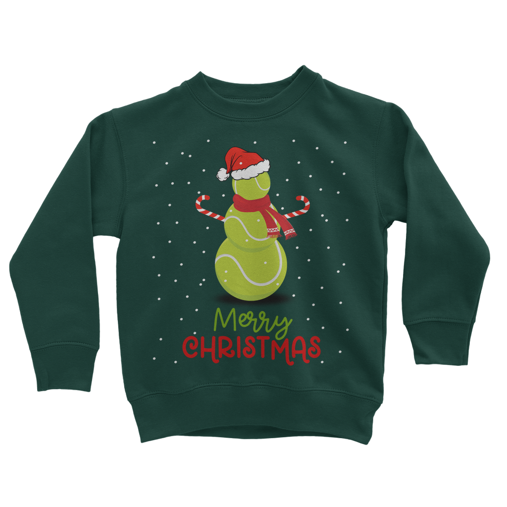 Kids dark green Christmas sweatshirt featuring a festive snowman made of tennis balls, wearing a Santa hat and red scarf, with falling snow and “Merry Christmas” text.