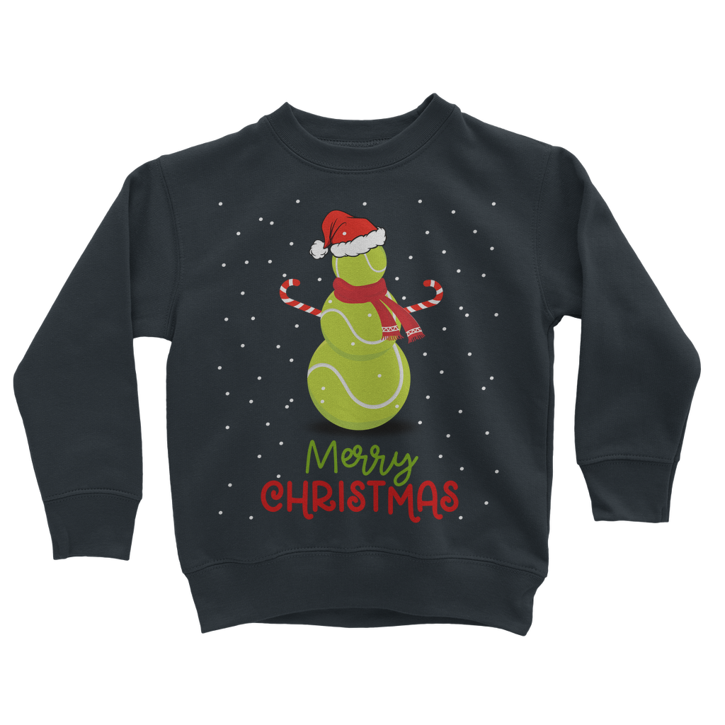 Kids navy Christmas sweatshirt featuring a festive snowman made of tennis balls, wearing a Santa hat and red scarf, with falling snow and “Merry Christmas” text.
