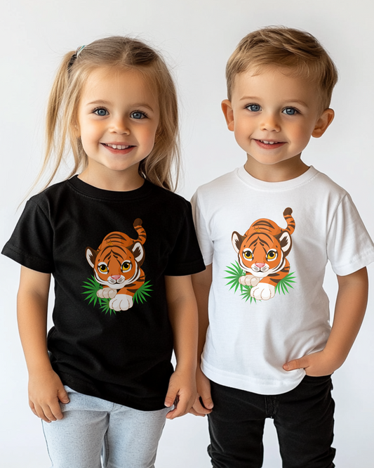 A girl wearing a black t-shirt with a tiger graphic print and a boy wearing a white t-shirt with a tiger graphic print standing side by side.