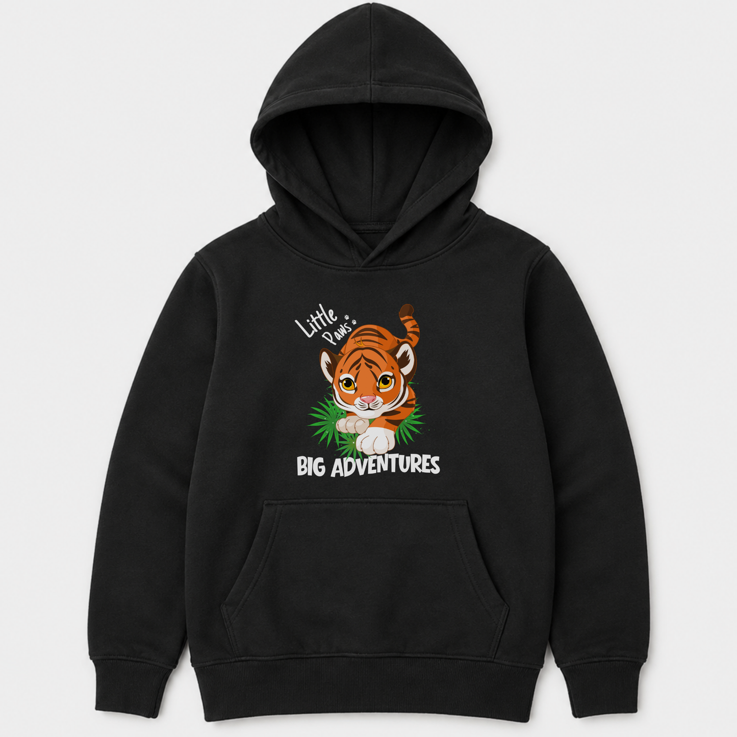 A kids black pullover hoodie featuring a cartoon tiger graphic with the text 'Little Paws, BIG ADVENTURES' on the chest, displayed against a light grey background.