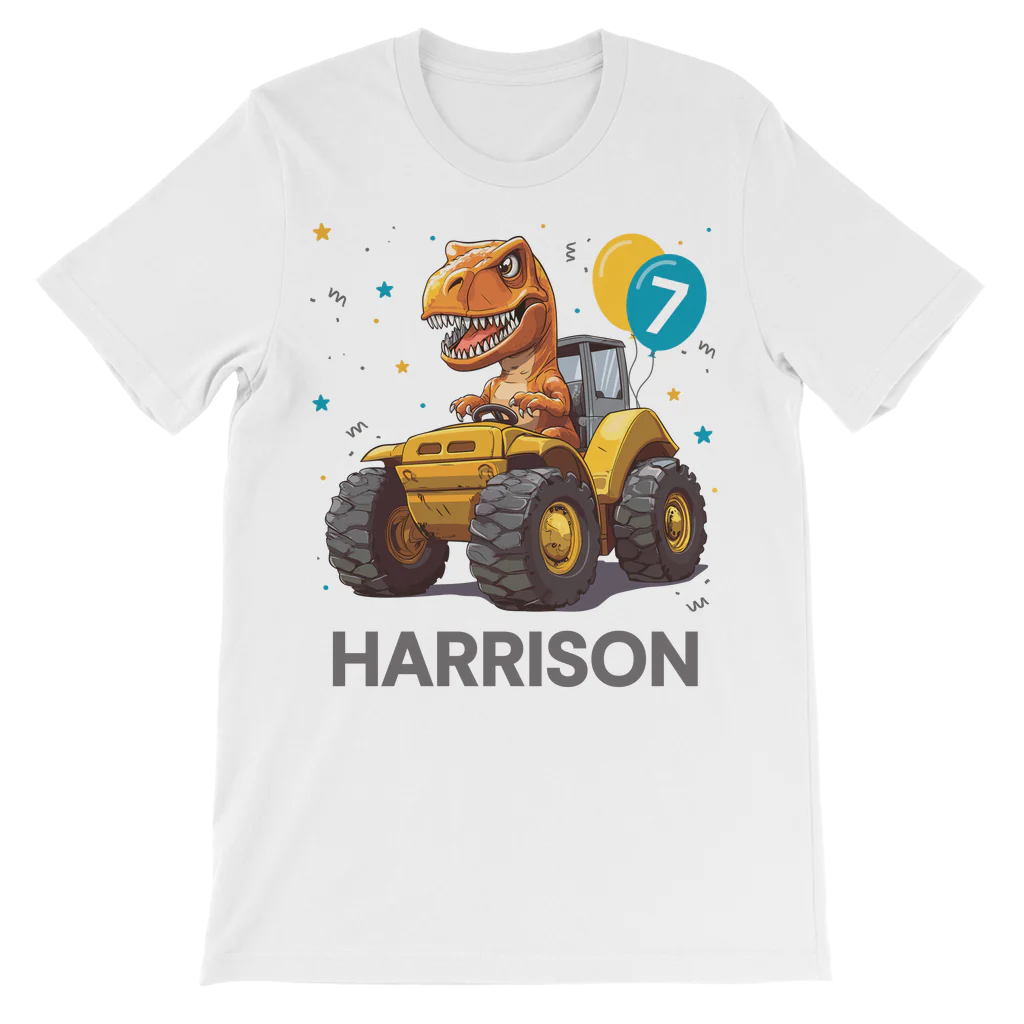 Kids white t-shirt with a dinosaur character driving a tractor, birthday balloons, and the name 'Harrison' on a white background.