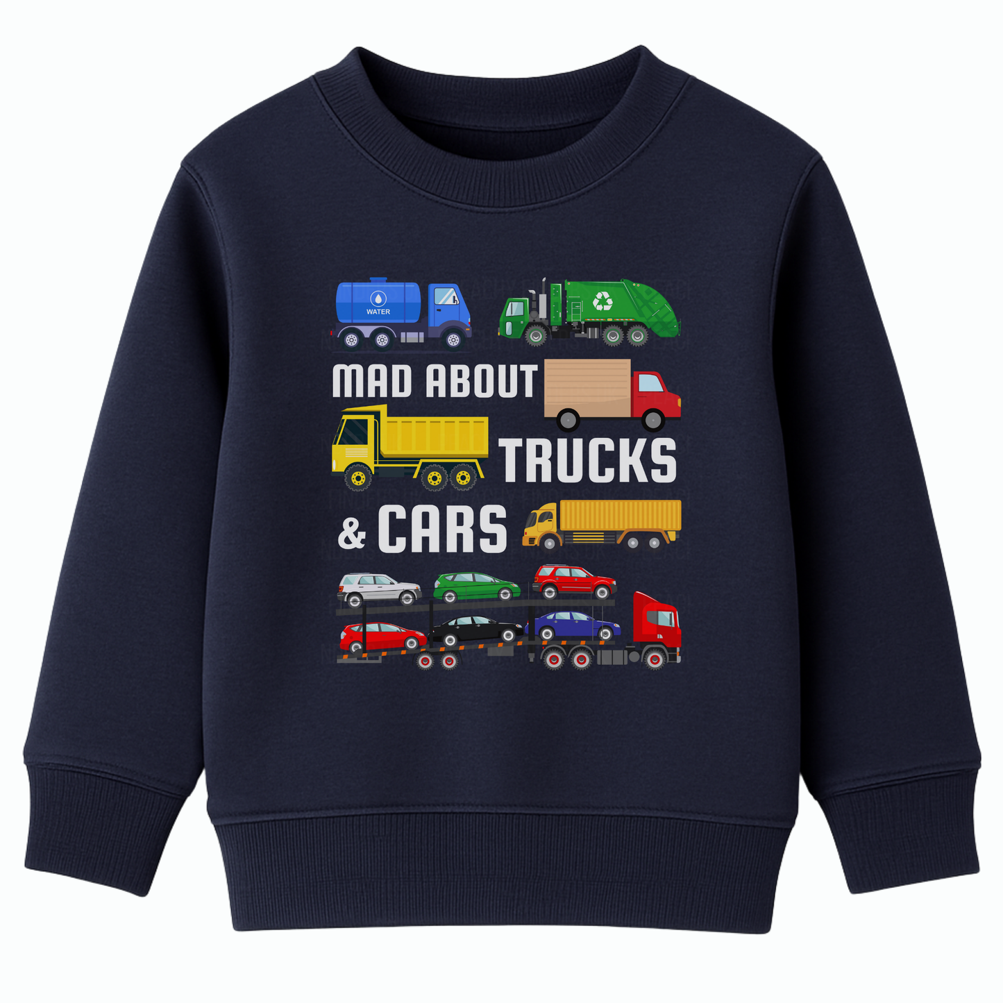 Kids navy blue sweatshirt with colourful trucks and cars graphic, “Mad About Trucks & Cars” design, long sleeve children’s vehicle jumper front view