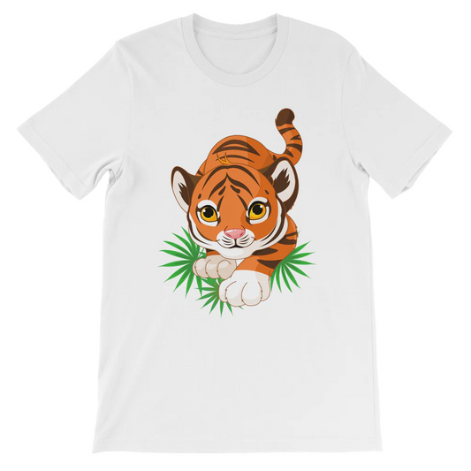 Kids white cotton short sleeved tee with a cute tiger cub and green jungle leaves printed on the front.