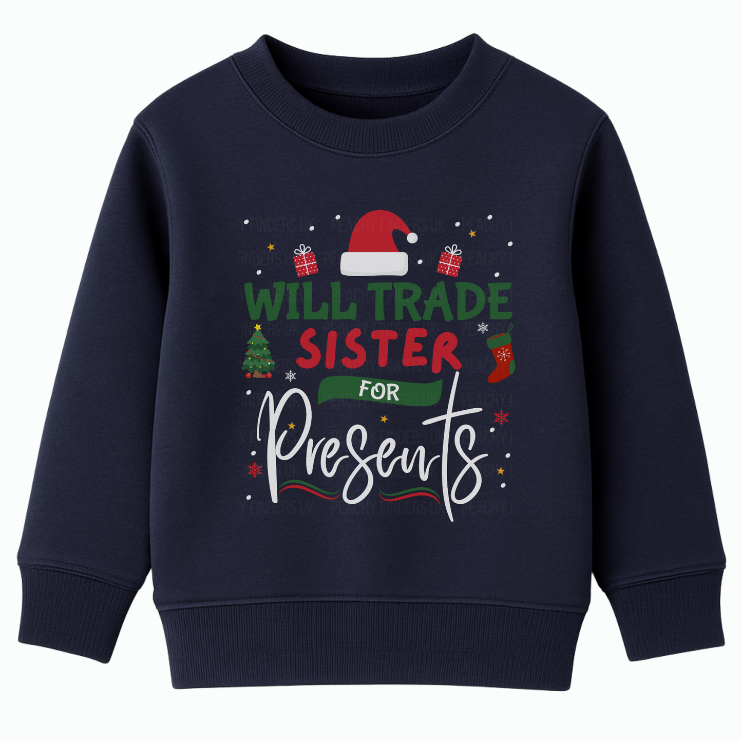 Kids navy Christmas sweatshirts with festive text reading “Will Trade Sister for Presents”