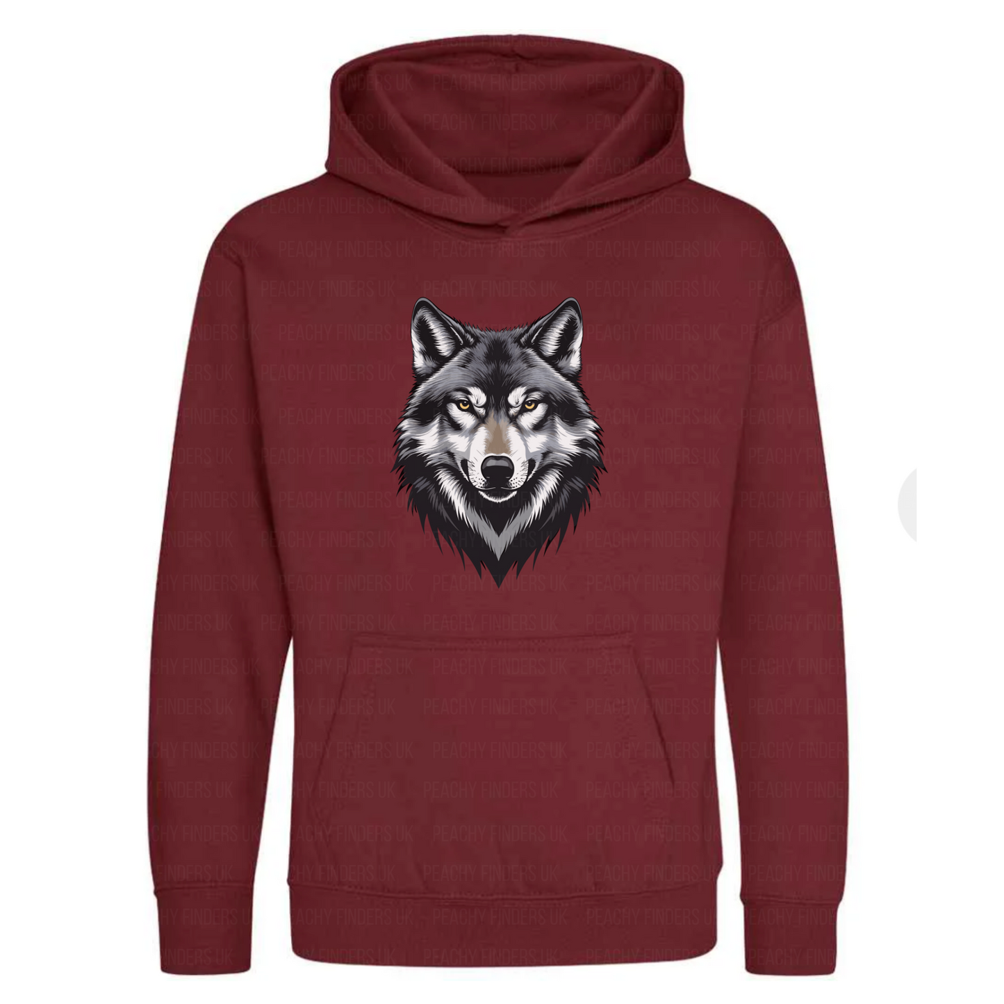 Kids burgundy hoodie with a wolf graphic on a white background