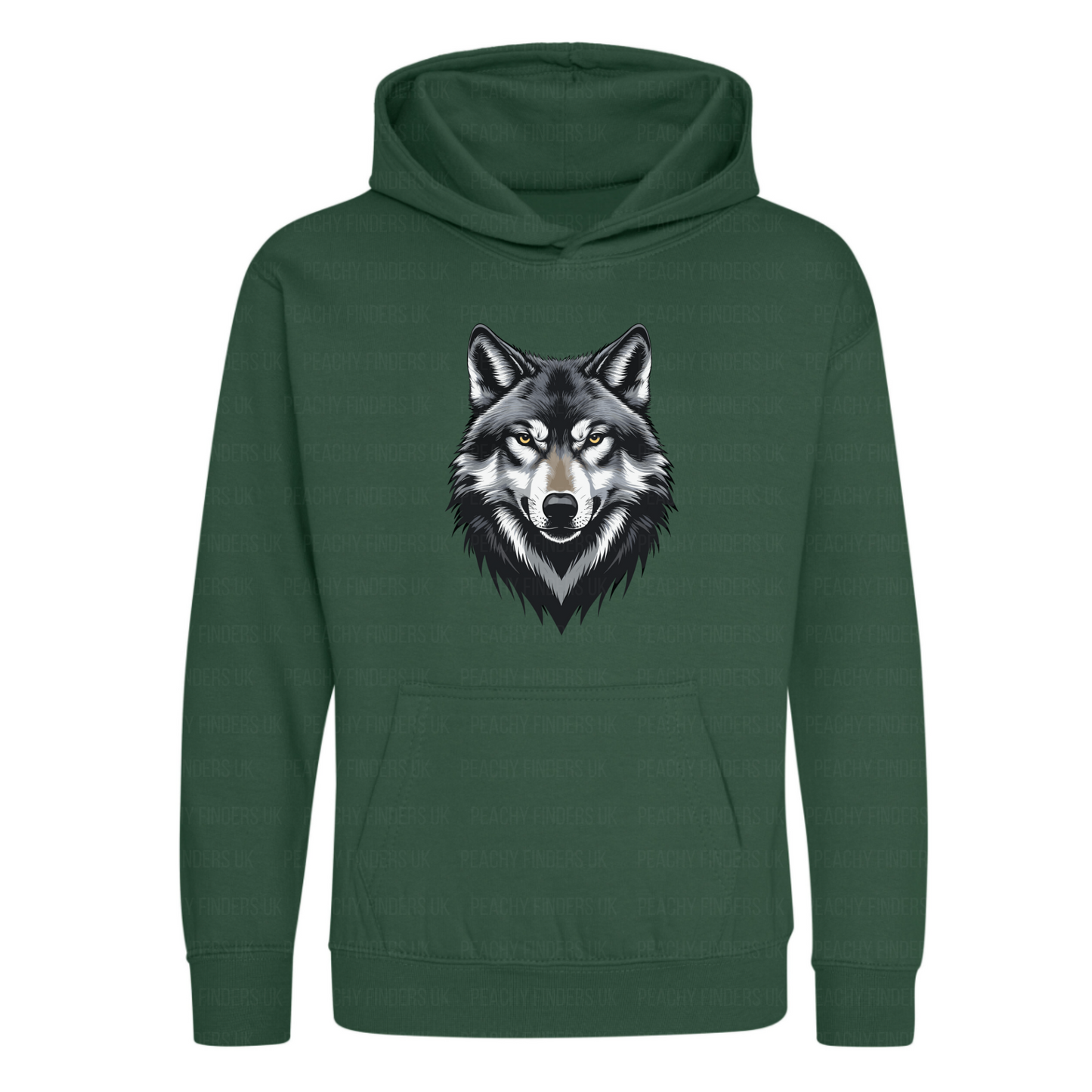 Green hoodie with a wolf graphic on a white background