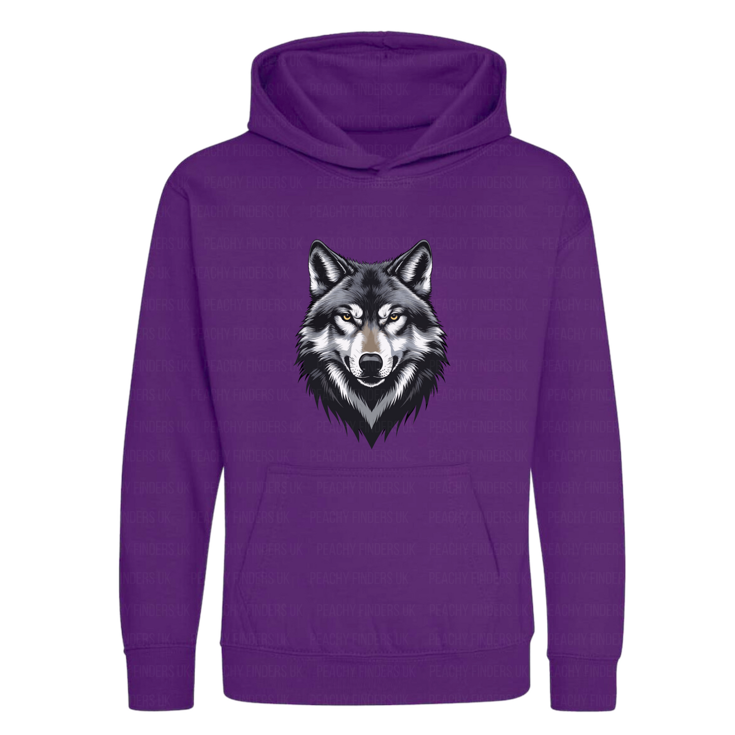 Purple hoodie with a wolf graphic on a white background