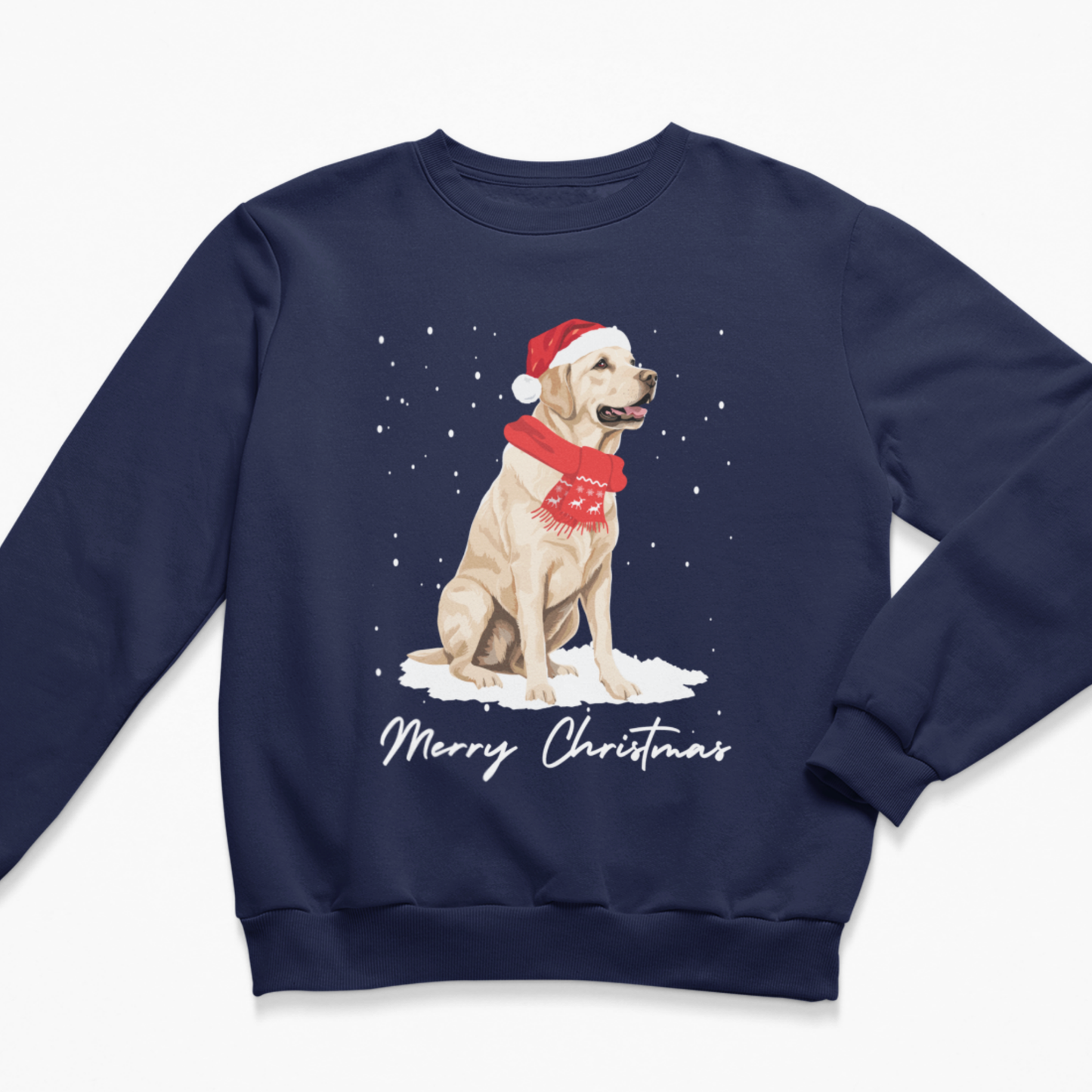 A navy blue crewneck sweatshirt featuring a graphic of a yellow Labrador Retriever wearing a red Santa hat and scarf, sitting in the snow with 'Merry Christmas' written below.