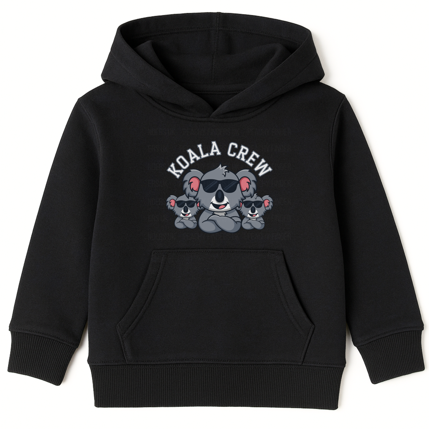 Kids black hoodie with 'Koala Crew' design on a white background