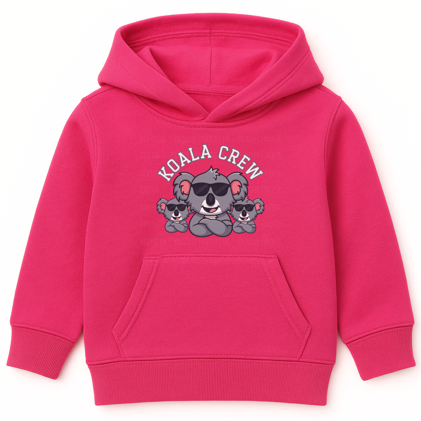 Girls pink pullover graphic hoodie with koala design and 'Koala Crew' text on a white background