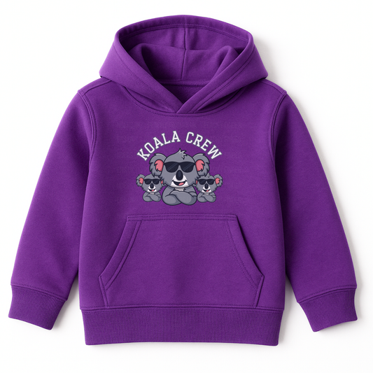 Kids purple hoodie with koala design and 'Koala Crew' text on a white background
